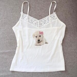 white lace trim puppy graphic cami